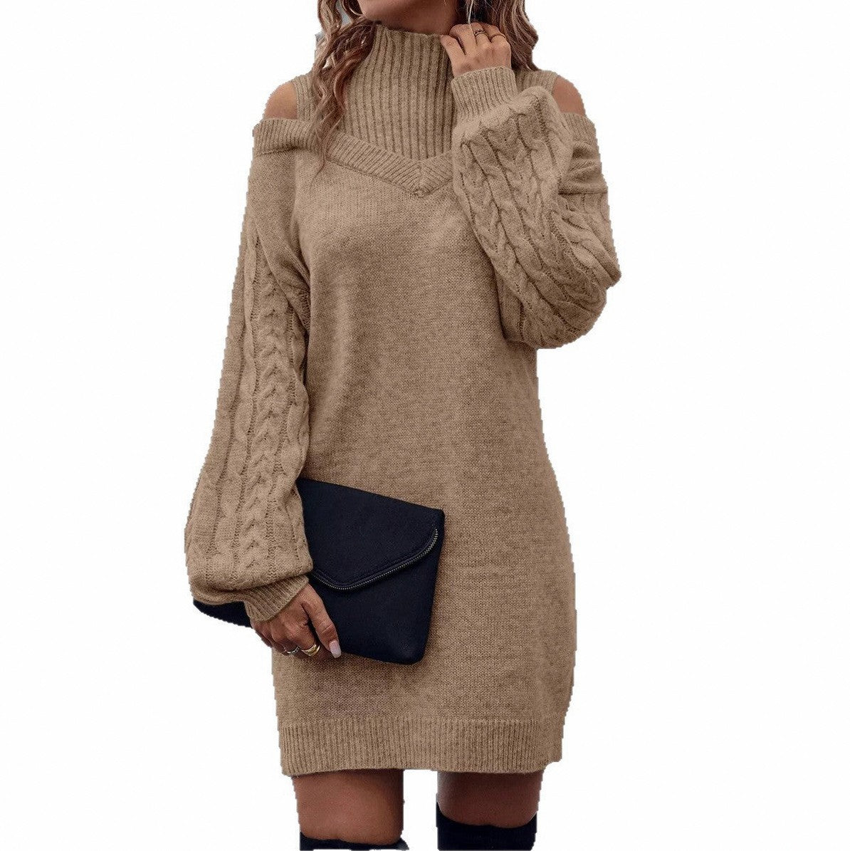 Cable Knit Cold Shoulder Sweater Dress