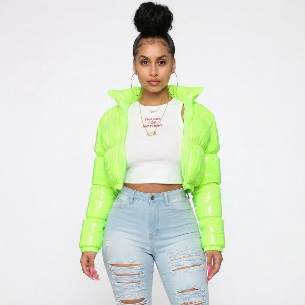 Faux Leather Cropped Puffer Jacket