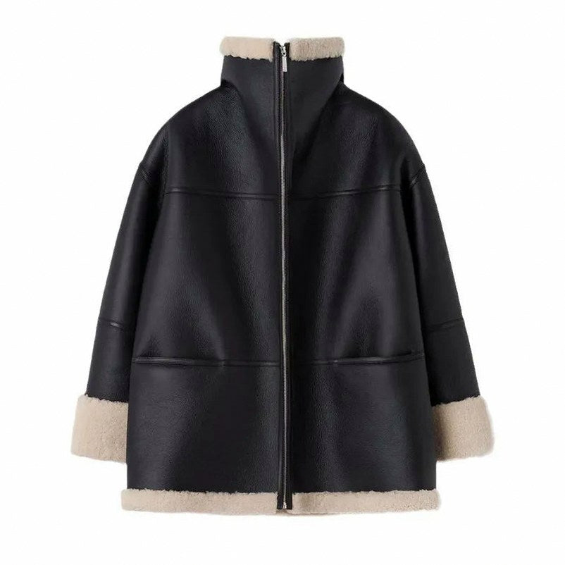 Faux Leather Sherpa Oversized Coat