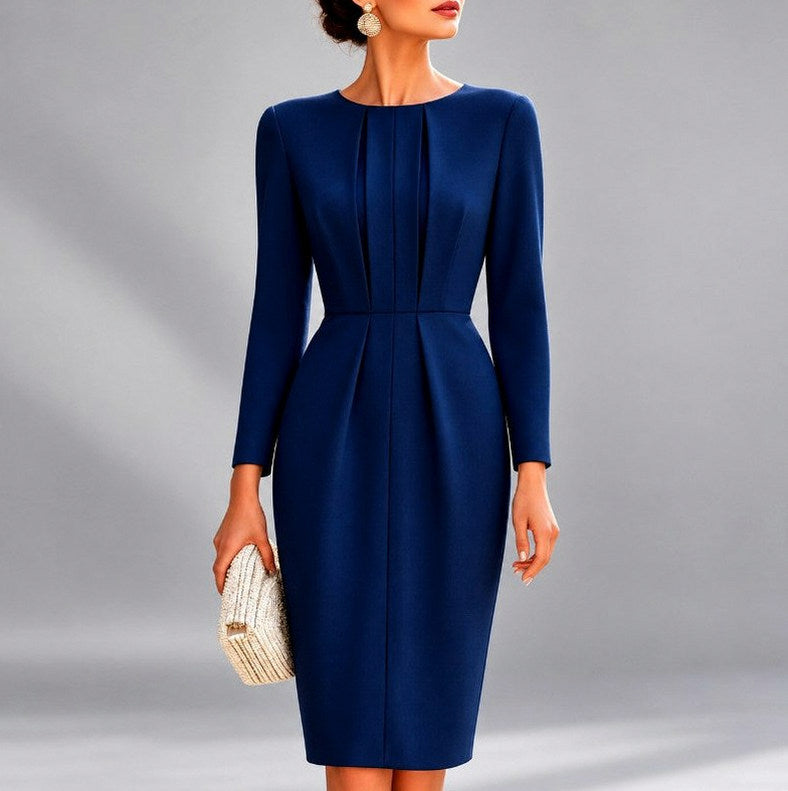 Fitted Pleated Long Sleeve Midi Dress