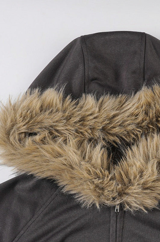 Fleece Faux Fur Trim Hooded Jacket