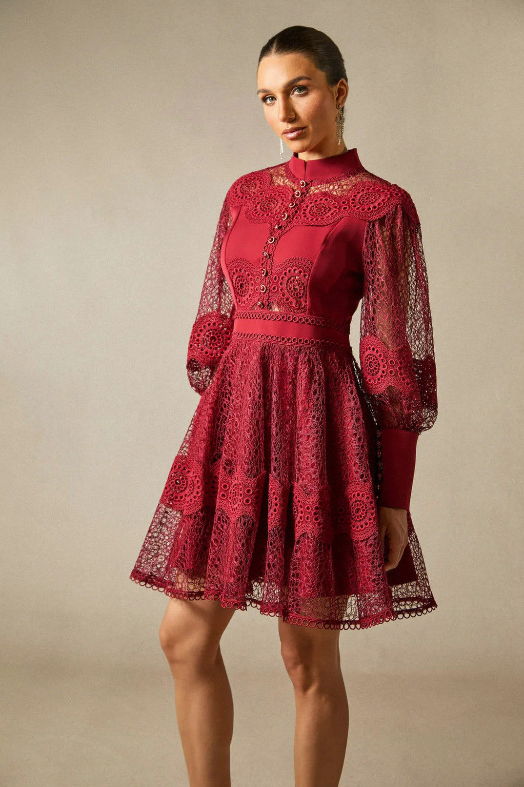 Lace High Neck Long Sleeve Mini Dress