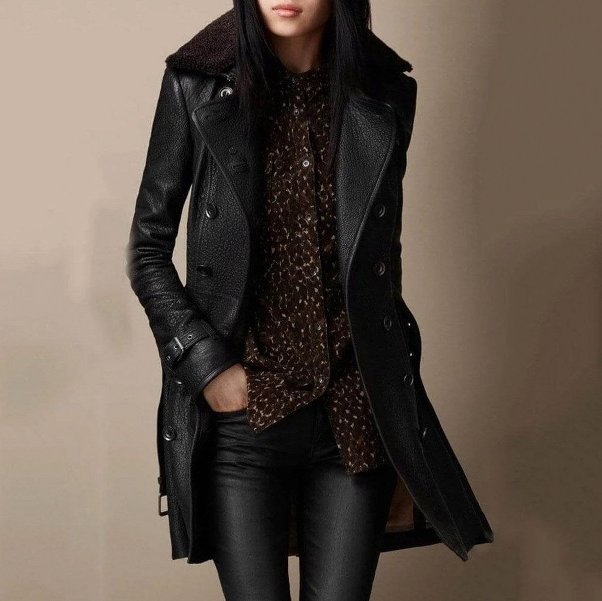 Faux Leather Double Breasted Trench Coat