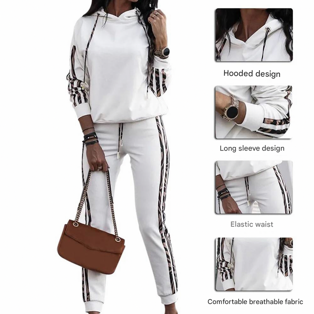 Animal Print Trim Hoodie Two Piece Set