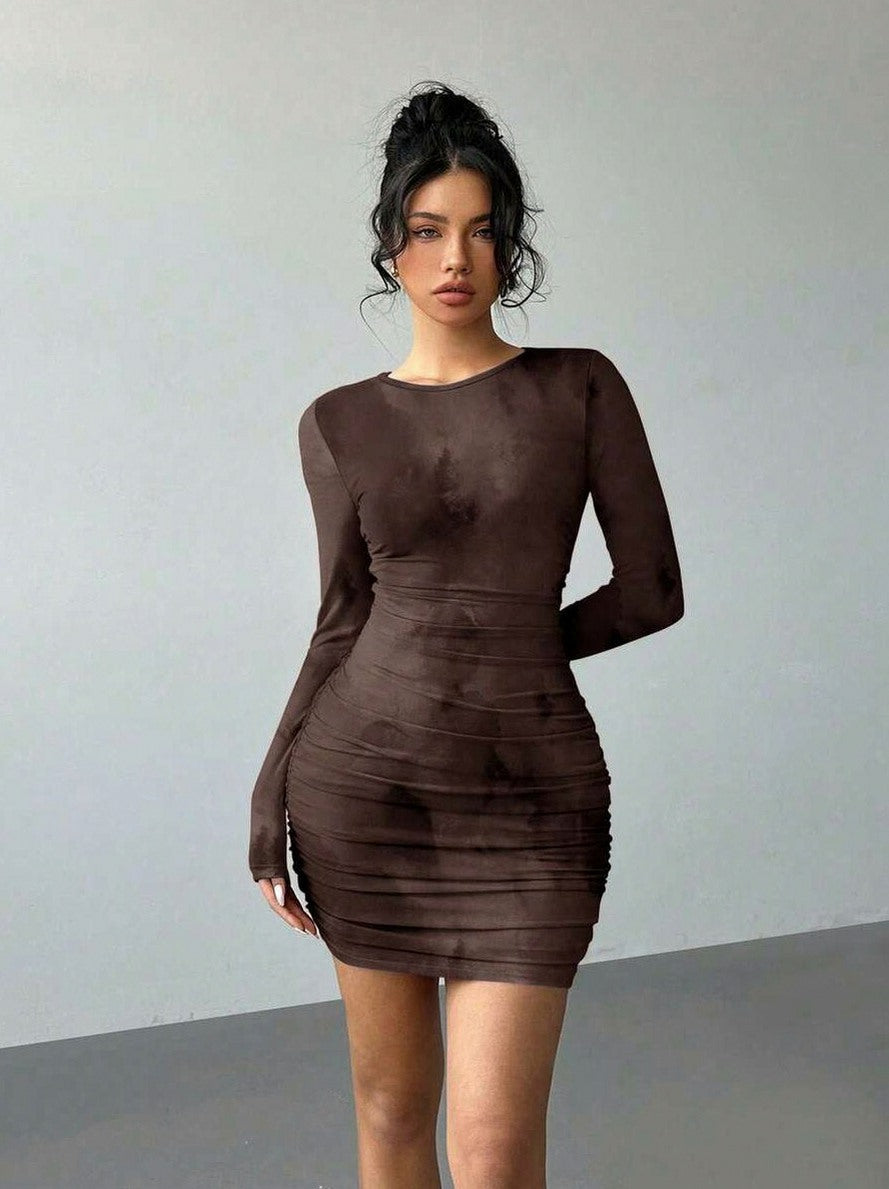 Mesh Ruched Long Sleeve Mini Dress