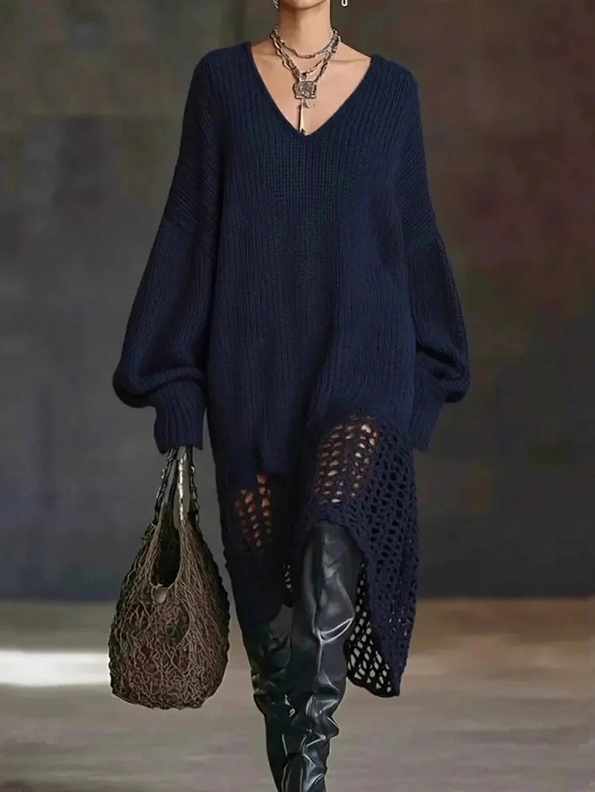 Ribbed Knit Balloon Sleeve Sweater Dress