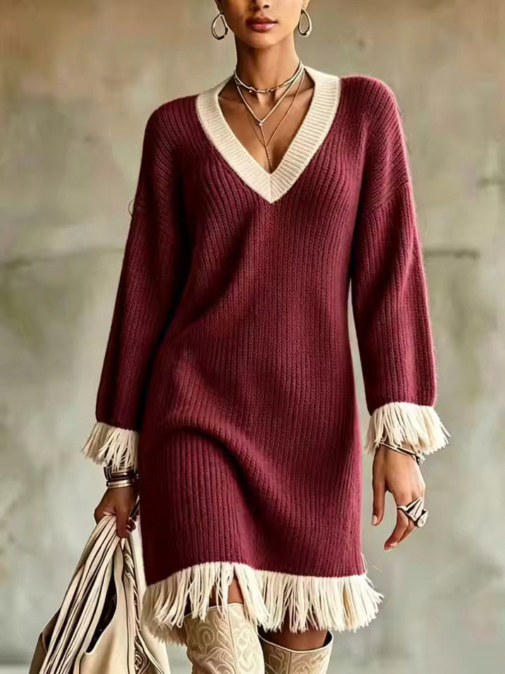 Ribbed Knit Long Sleeve Fringe Sweater Dress
