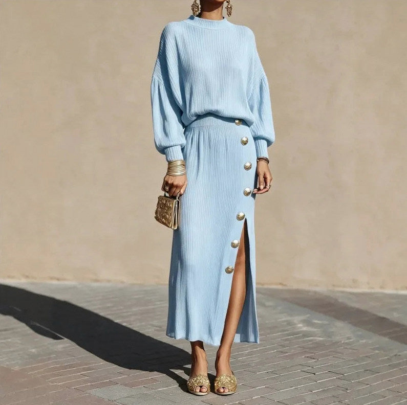 Ribbed Knit Mock Neck Long Sleeve Two Piece Set