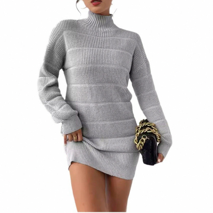 Ribbed Knit Turtleneck Sweater Dress
