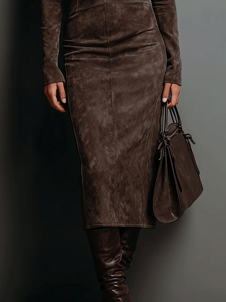 Suede Long Sleeve Midi Dress