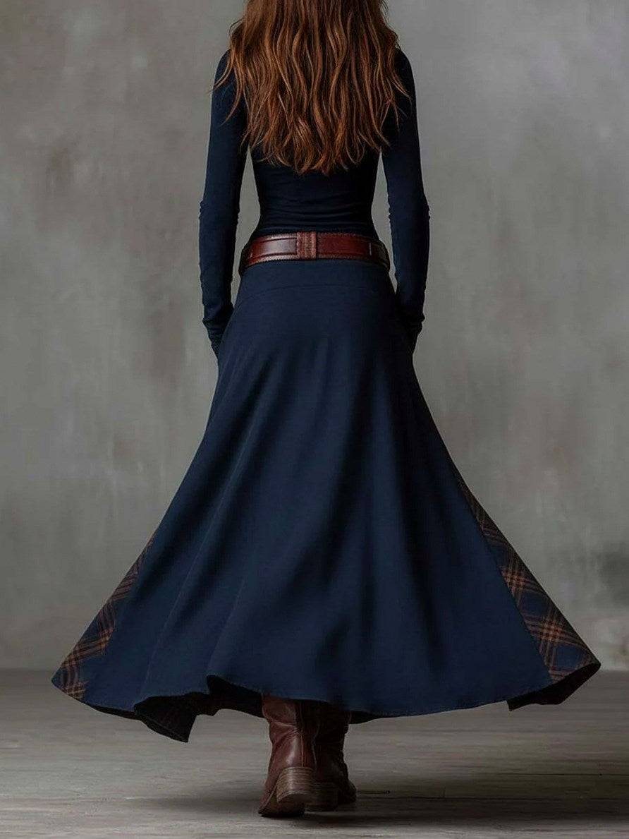 Suede Plaid Patchwork Maxi Dress