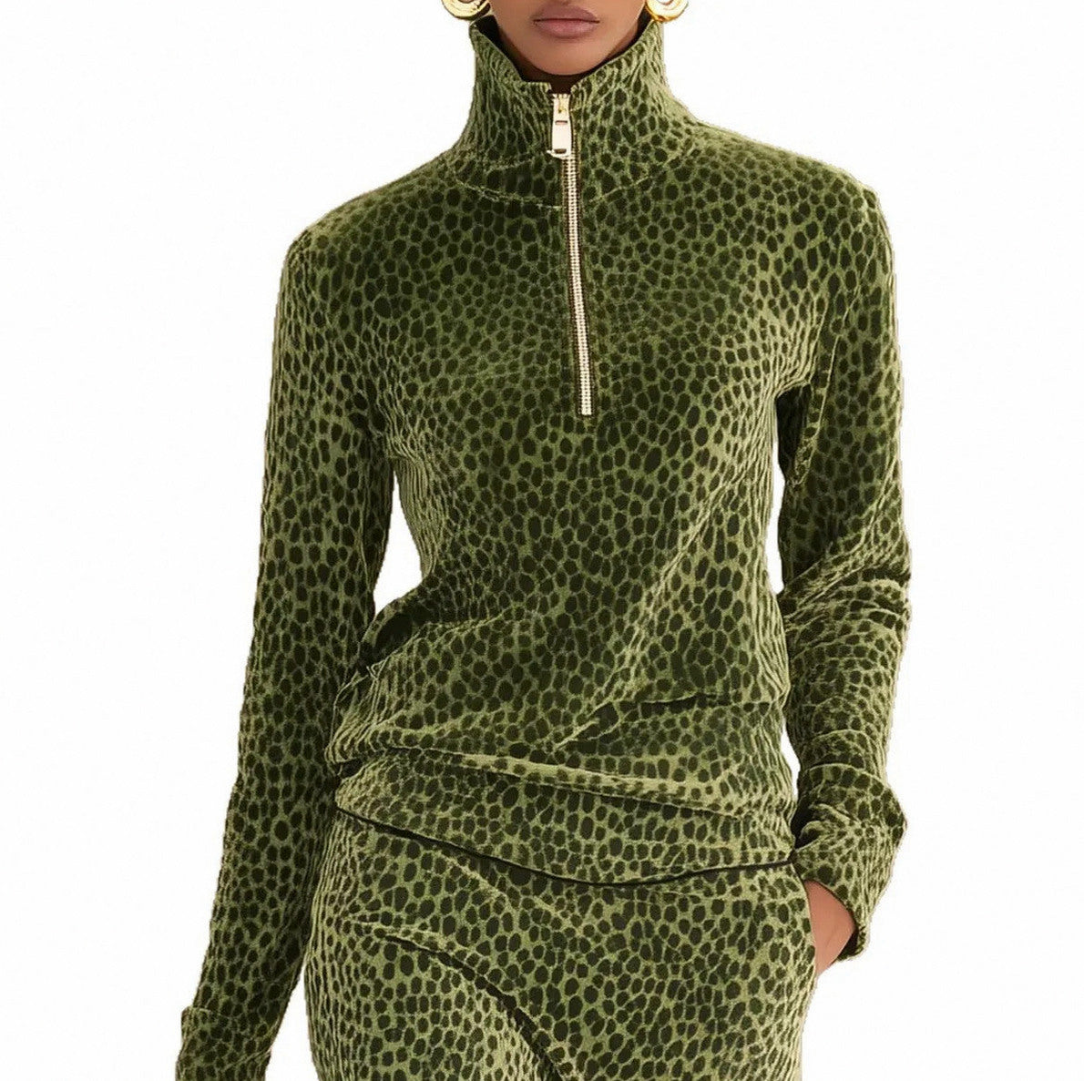 Velvet Leopard Print Half Zip Midi Dress