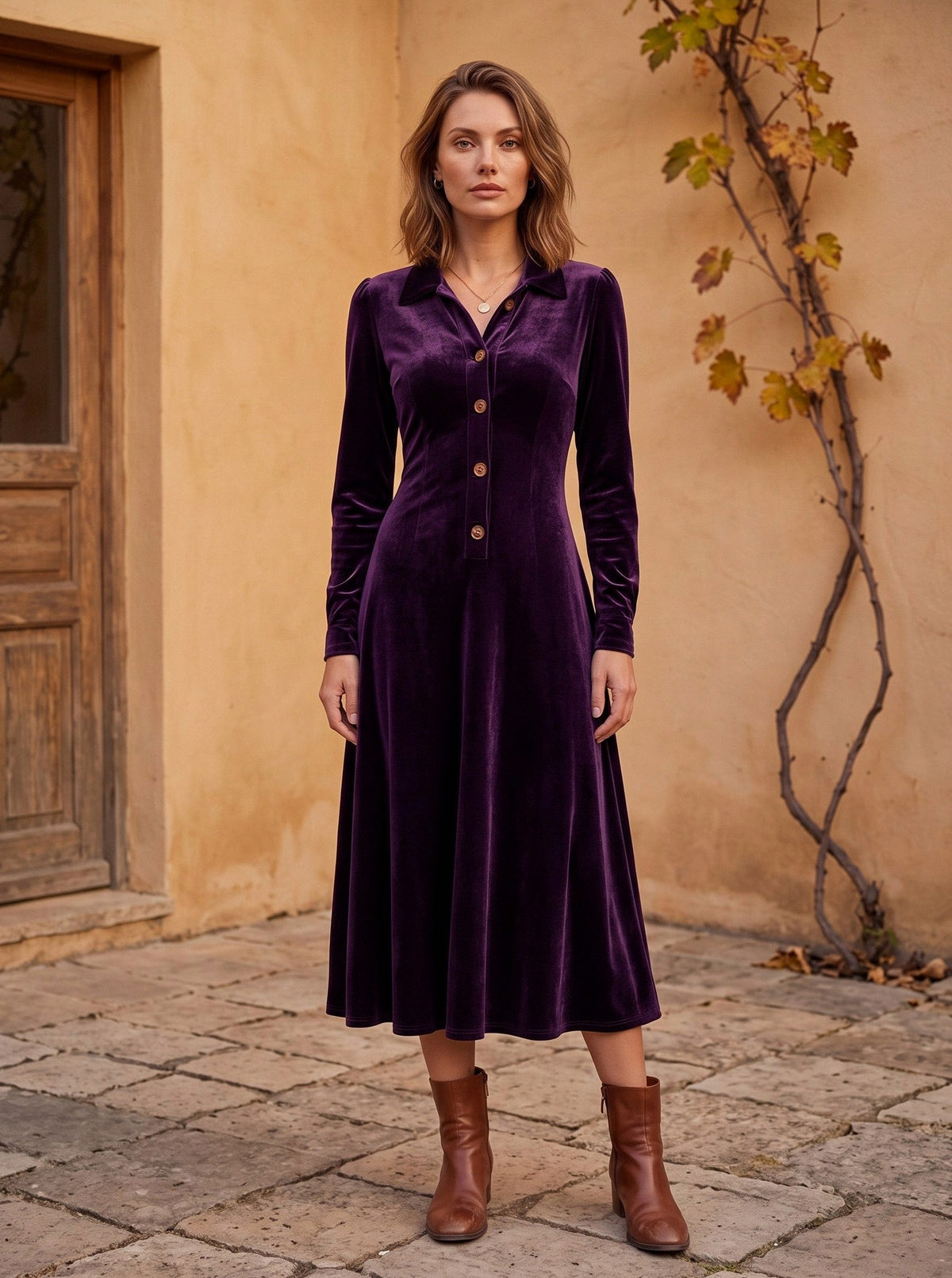 Velvet Long Sleeve Collared Button Front A-Line Midi Dress