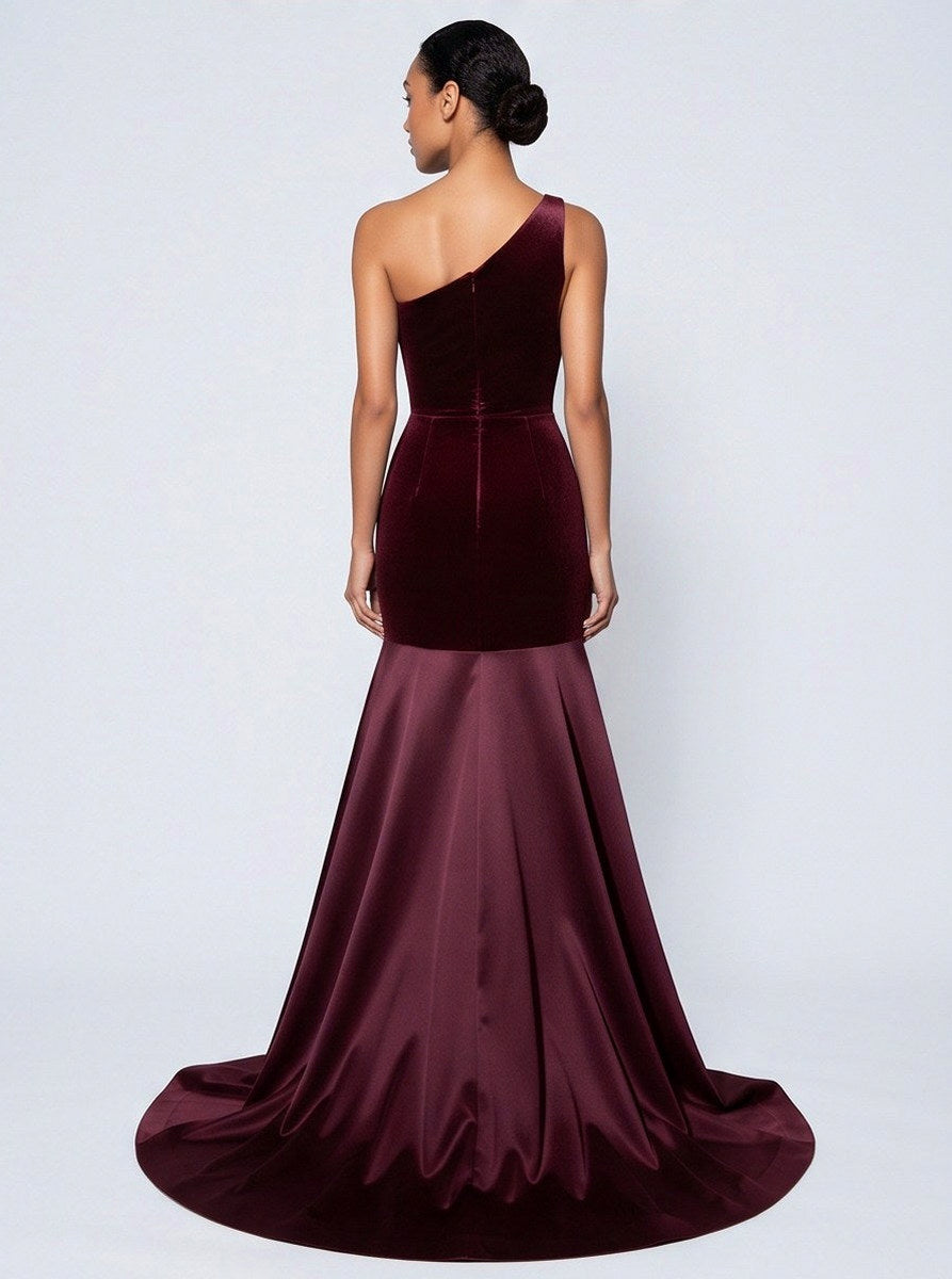 Velvet One Shoulder Satin Maxi Dress