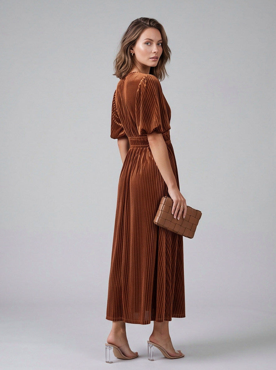 Velvet Puff Sleeve Midi Dress