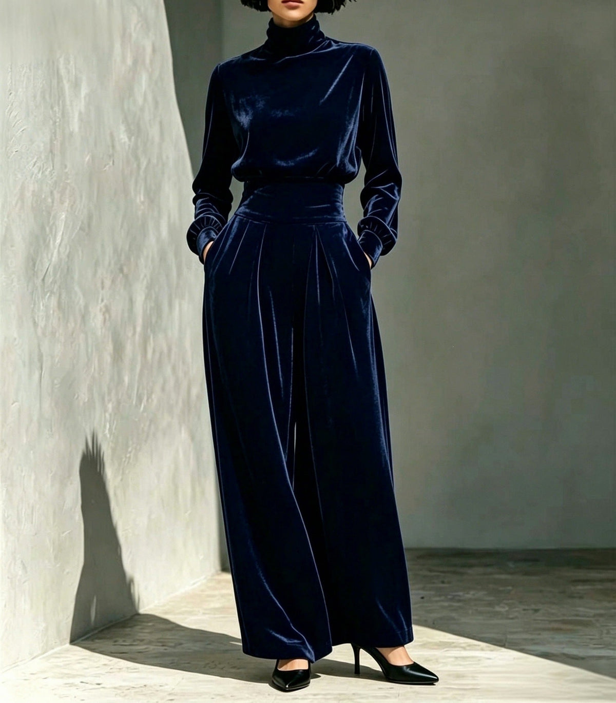 Velvet Turtleneck Top and Wide Leg Pants Set