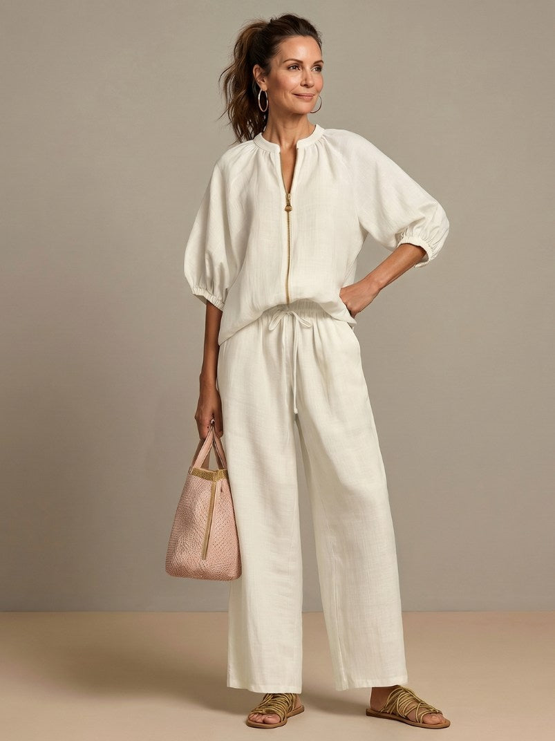 Balloon Sleeve Wide Leg Two Piece Set