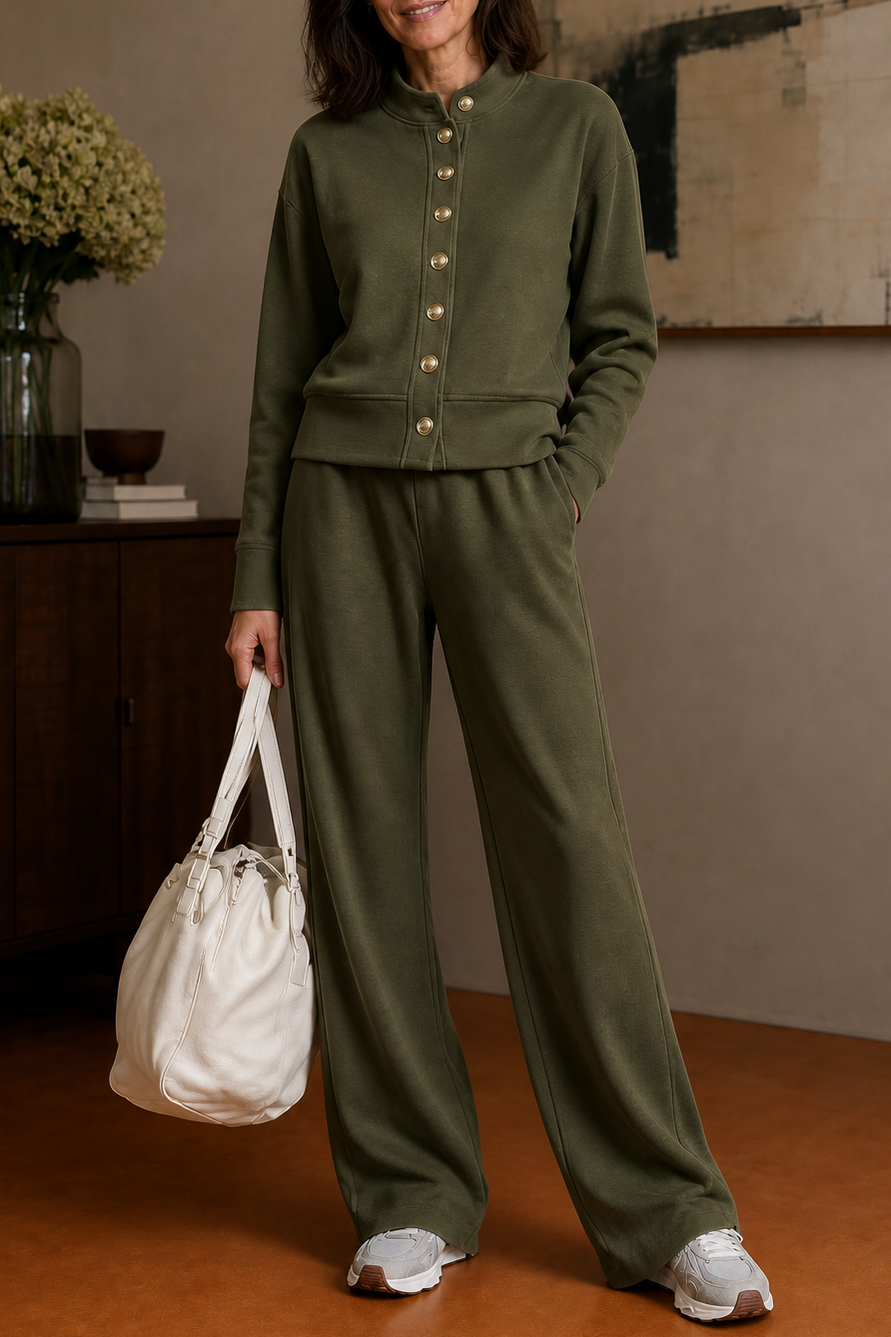 Button Front Long Sleeve Two Piece Set