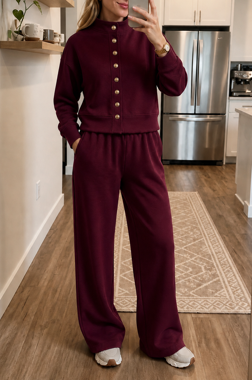 Button Front Long Sleeve Two Piece Set