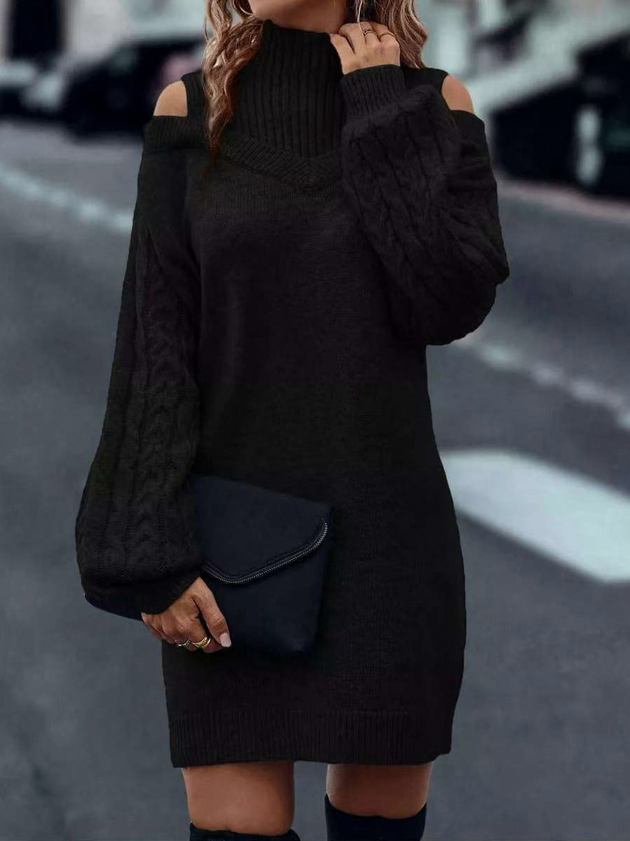 Cable Knit Cold Shoulder Sweater Dress