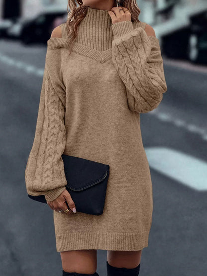 Cable Knit Cold Shoulder Sweater Dress