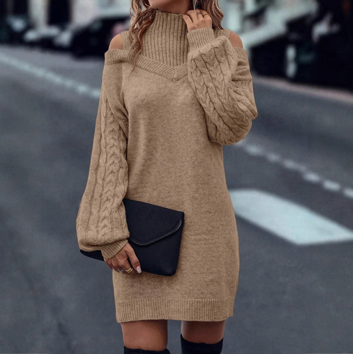 Cable Knit Cold Shoulder Sweater Dress