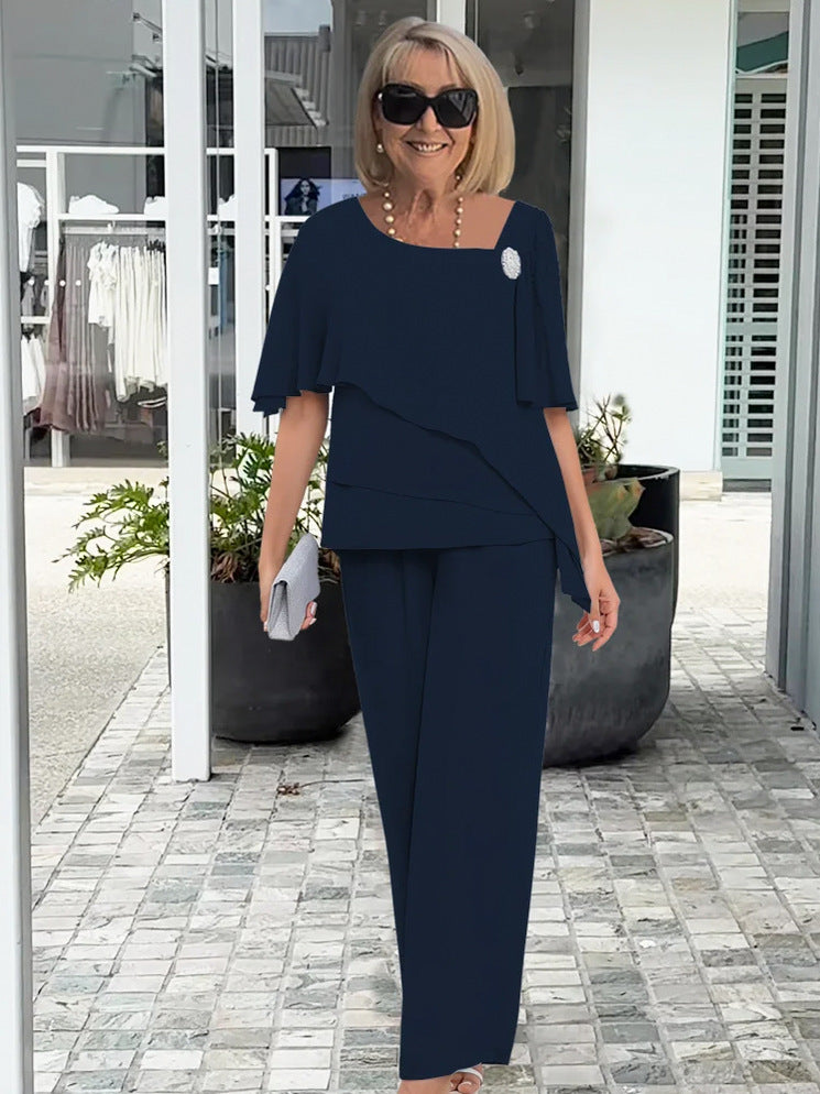 Chiffon Capelet Wide Leg Two Piece Set