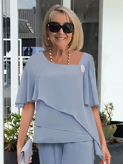 Chiffon Capelet Wide Leg Two Piece Set