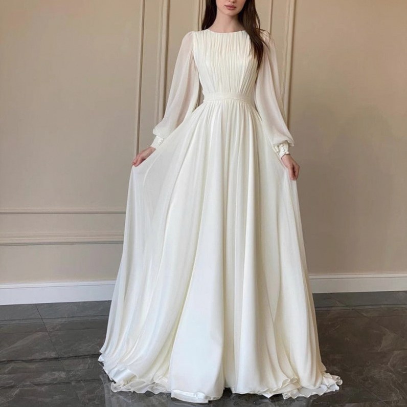 Chiffon Long Sleeve Pleated Maxi Dress