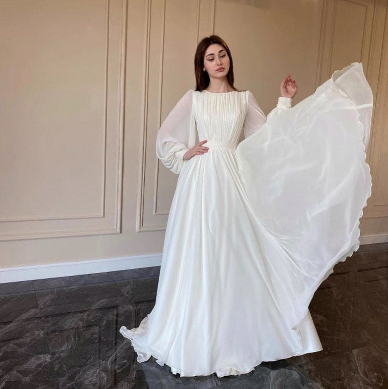 Chiffon Long Sleeve Pleated Maxi Dress