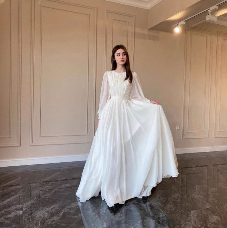 Chiffon Long Sleeve Pleated Maxi Dress