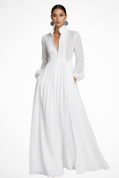 Chiffon Pleated Long Sleeve Maxi Dress