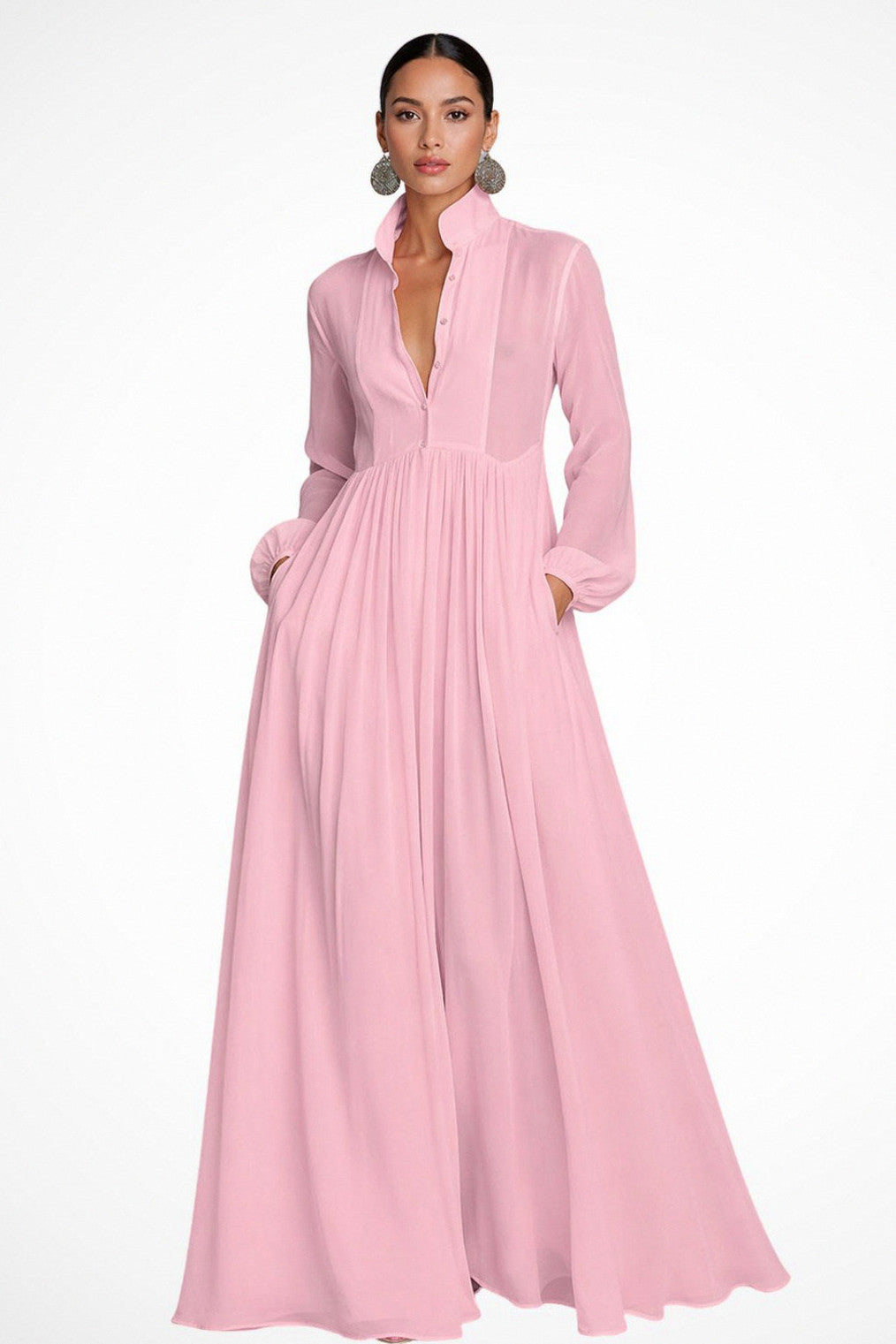 Chiffon Pleated Long Sleeve Maxi Dress