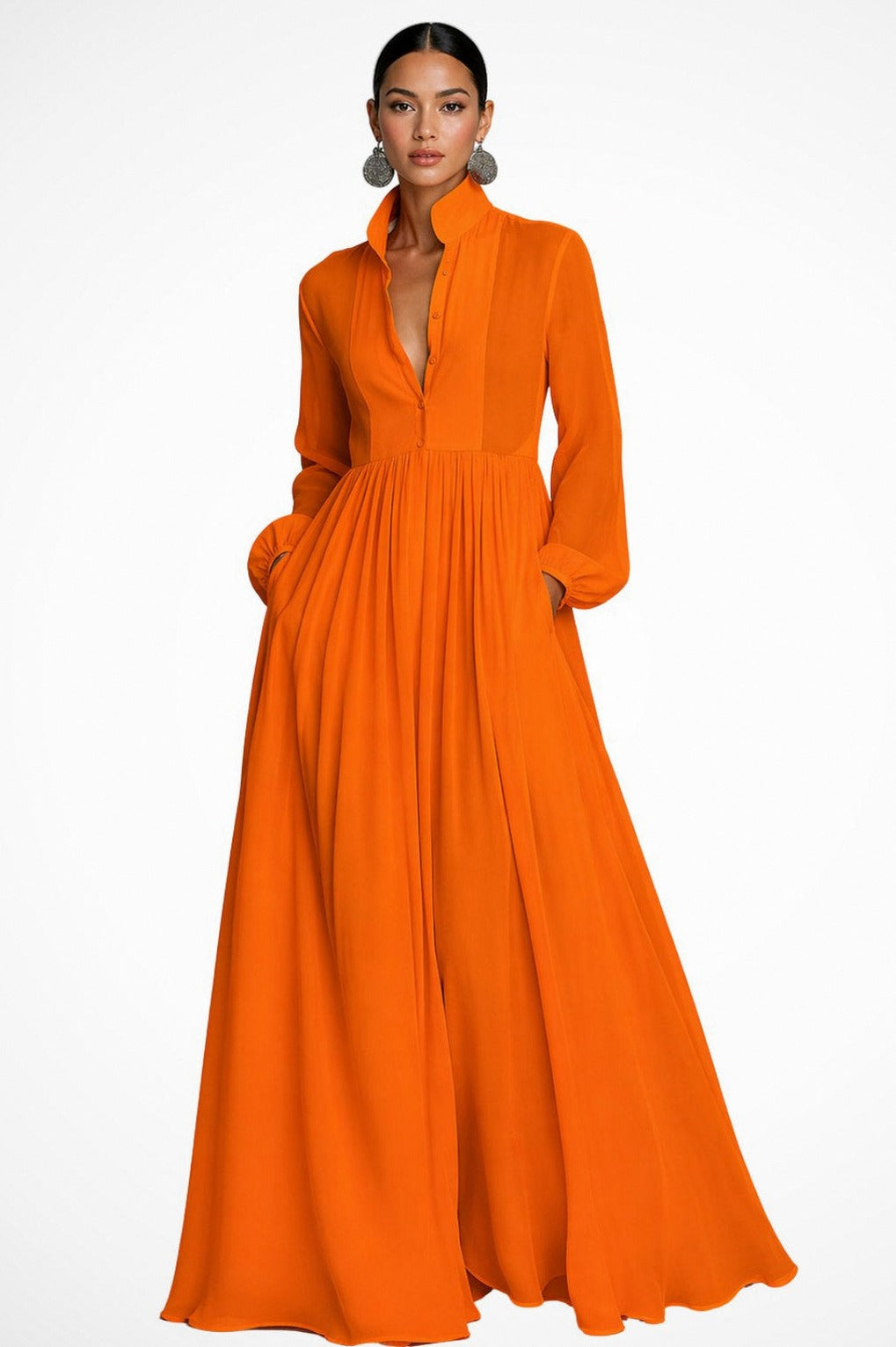 Chiffon Pleated Long Sleeve Maxi Dress