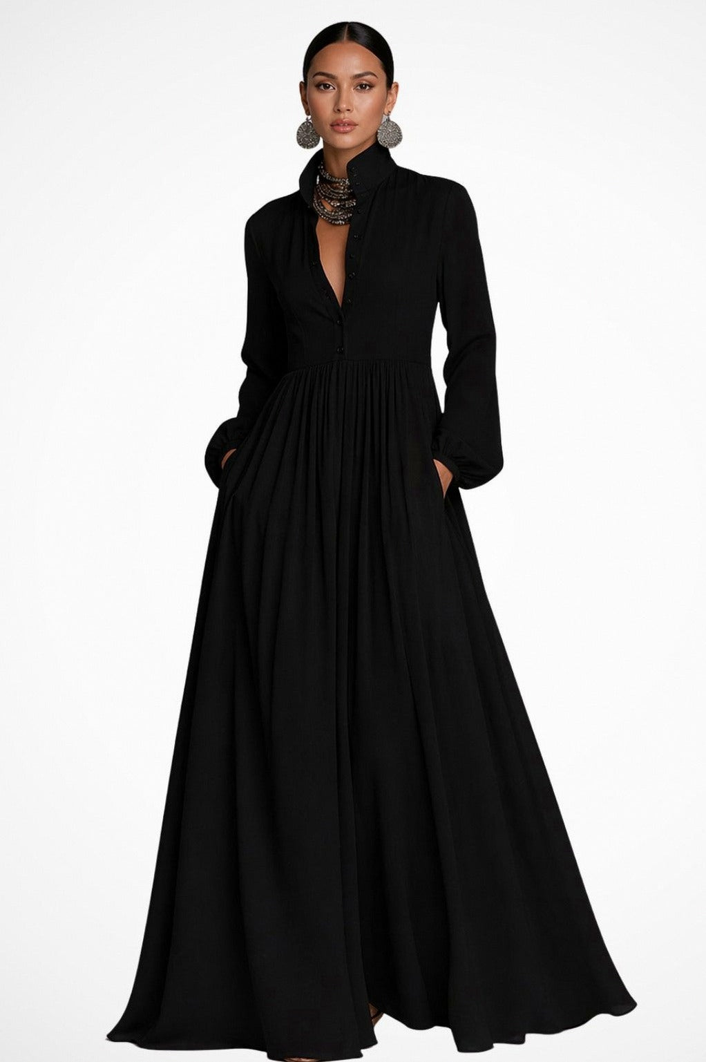 Chiffon Pleated Long Sleeve Maxi Dress