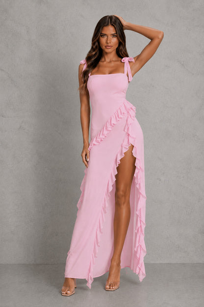 Chiffon Square Neck Ruffle Maxi Dress