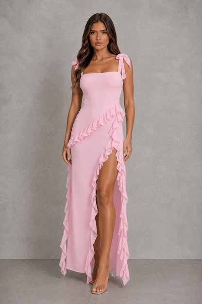 Chiffon Square Neck Ruffle Maxi Dress