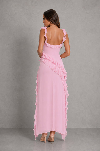 Chiffon Square Neck Ruffle Maxi Dress