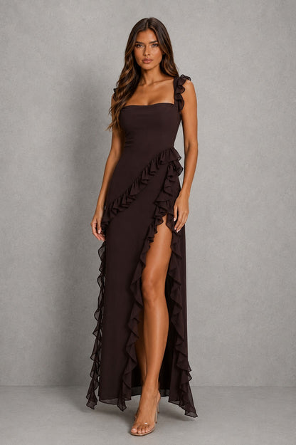 Chiffon Square Neck Ruffle Maxi Dress