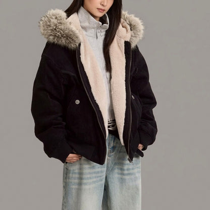 Corduroy Faux Fur Hooded Jacket