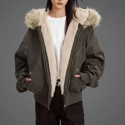 Corduroy Faux Fur Hooded Jacket