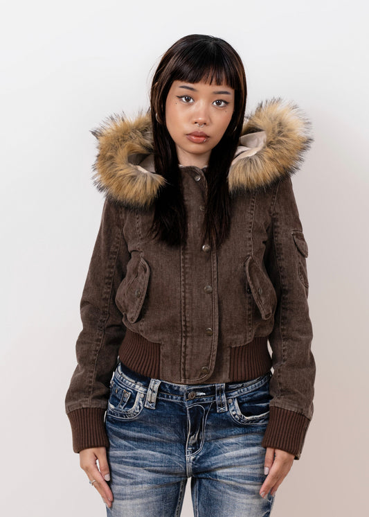 Corduroy Faux Fur Trim Bomber Jacket
