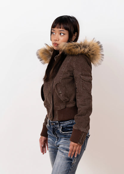 Corduroy Faux Fur Trim Bomber Jacket