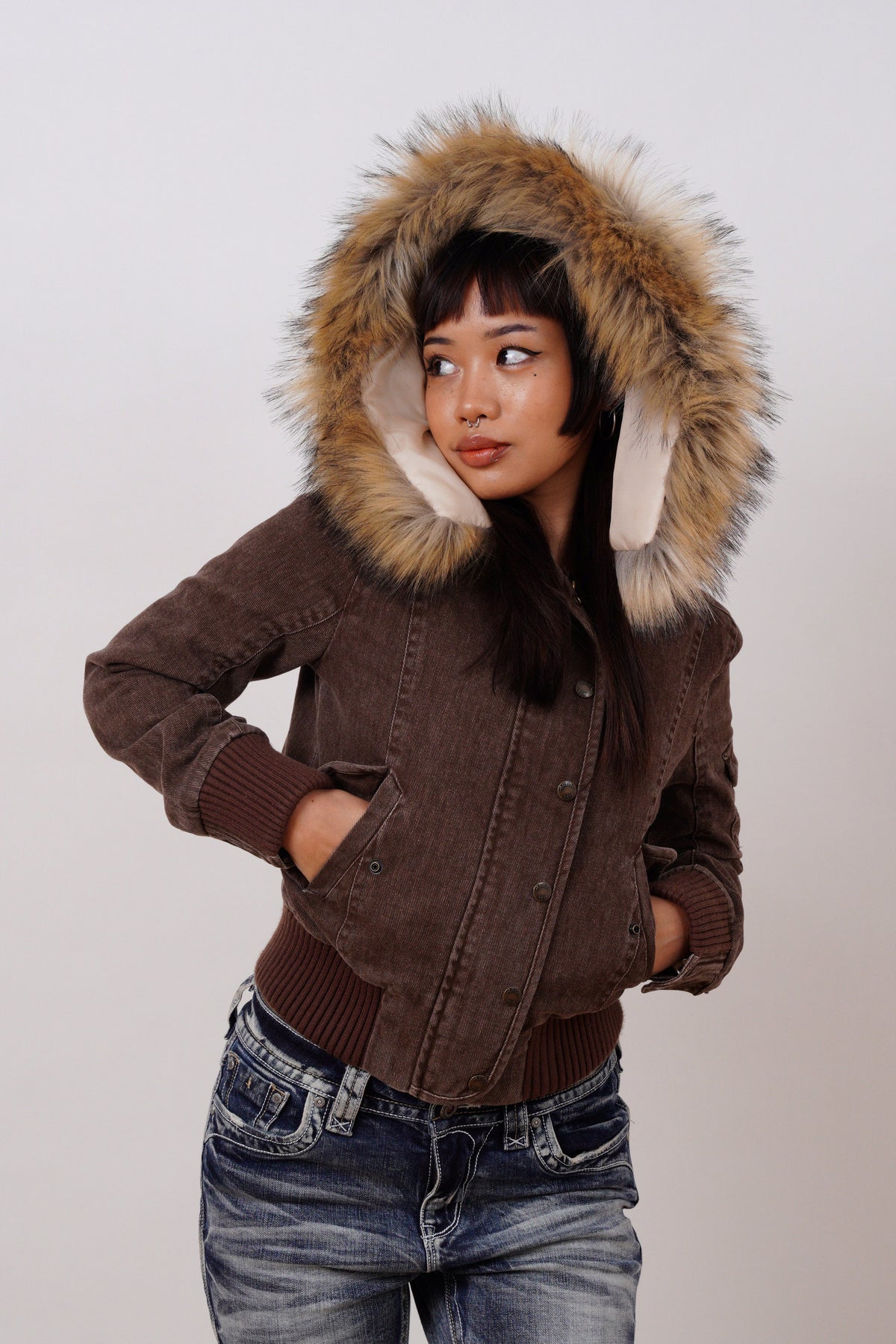 Corduroy Faux Fur Trim Bomber Jacket