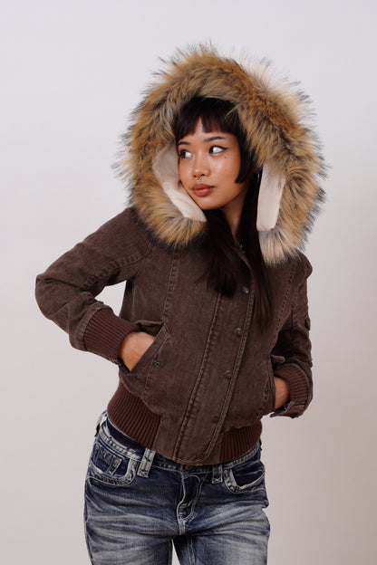 Corduroy Faux Fur Trim Bomber Jacket