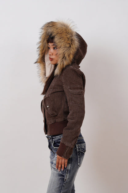 Corduroy Faux Fur Trim Bomber Jacket