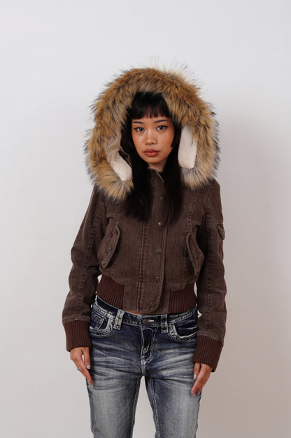 Corduroy Faux Fur Trim Bomber Jacket