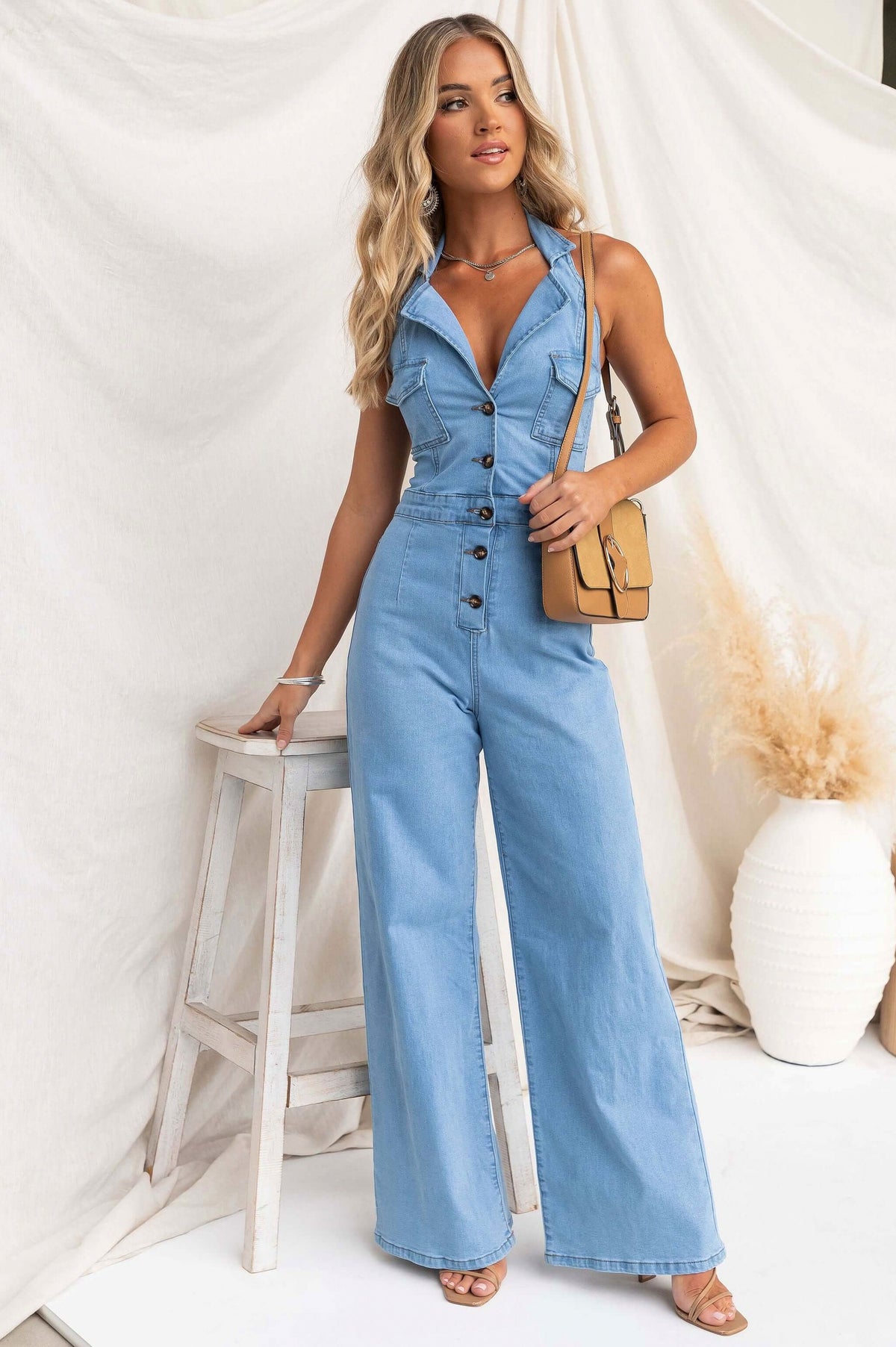 Denim Halter Button Front Jumpsuit