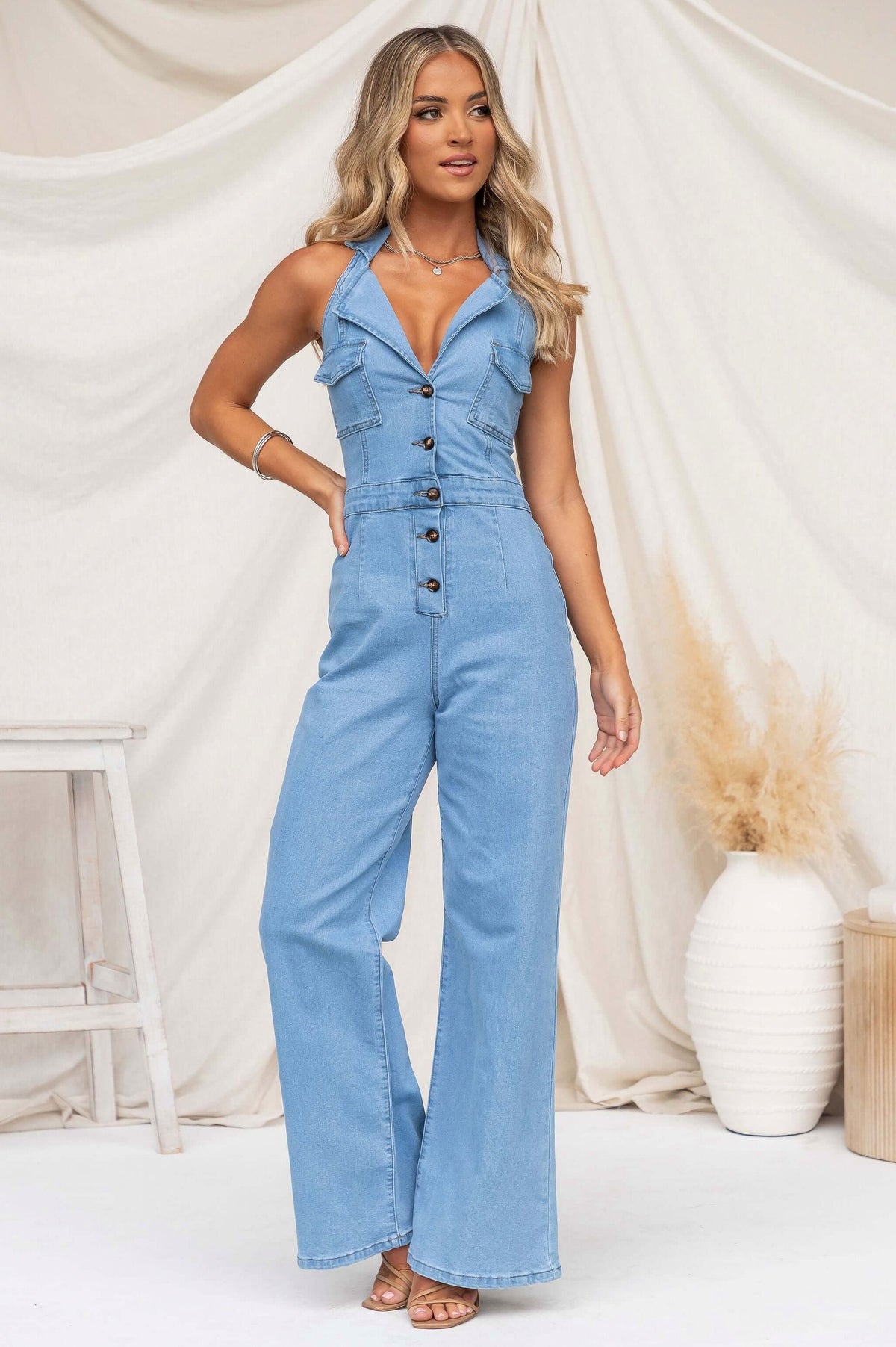Denim Halter Button Front Jumpsuit