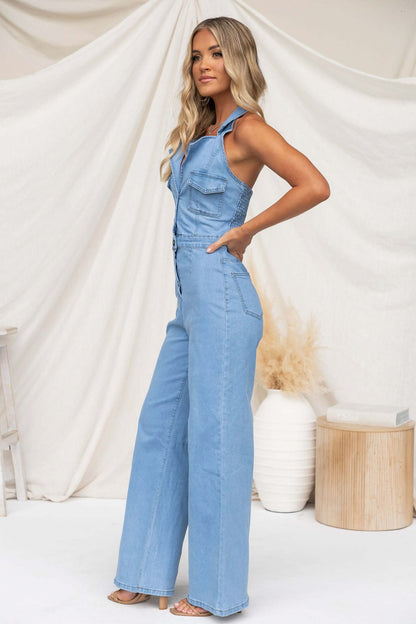 Denim Halter Button Front Jumpsuit